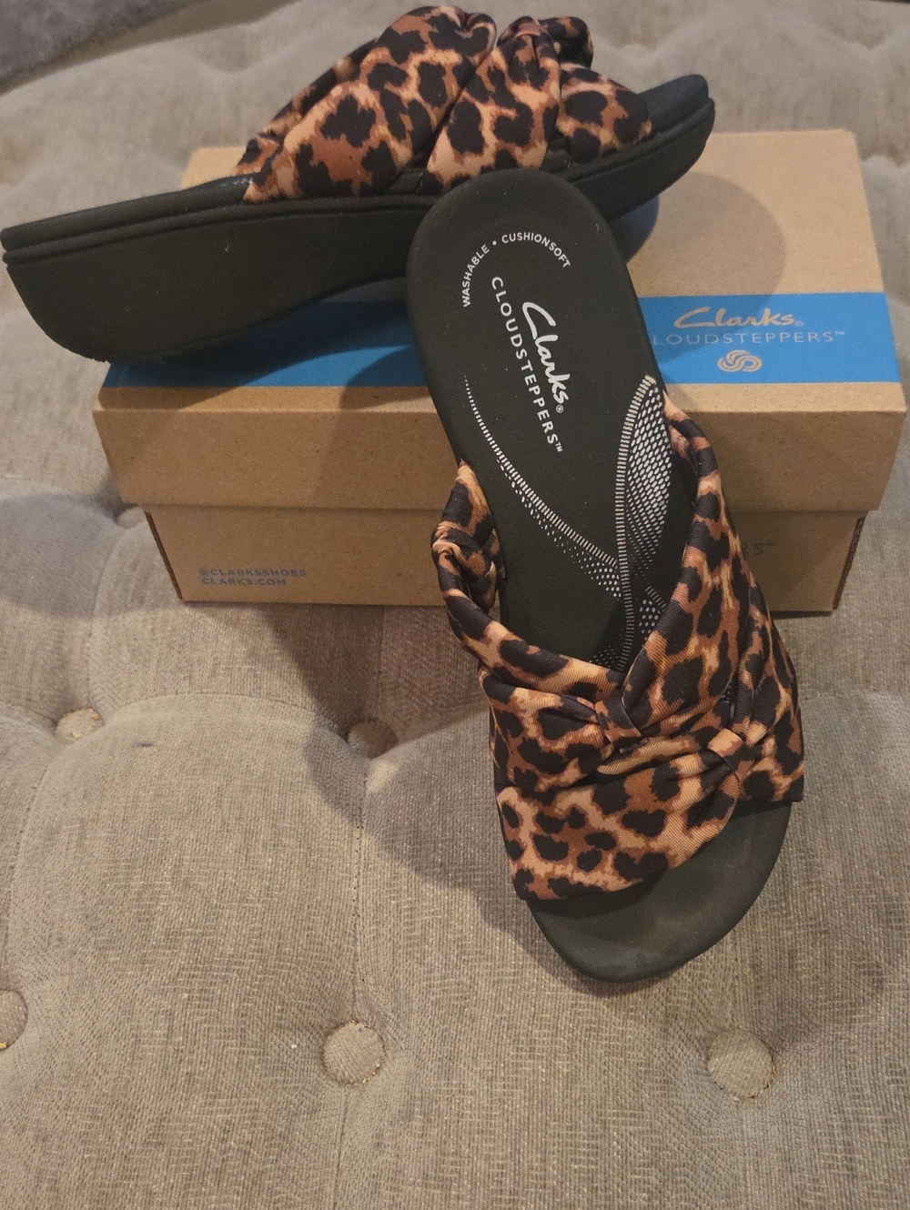 Clarks Women's Leopard-Print Slip-On Cloudsteppers Sandals - Black & Brown